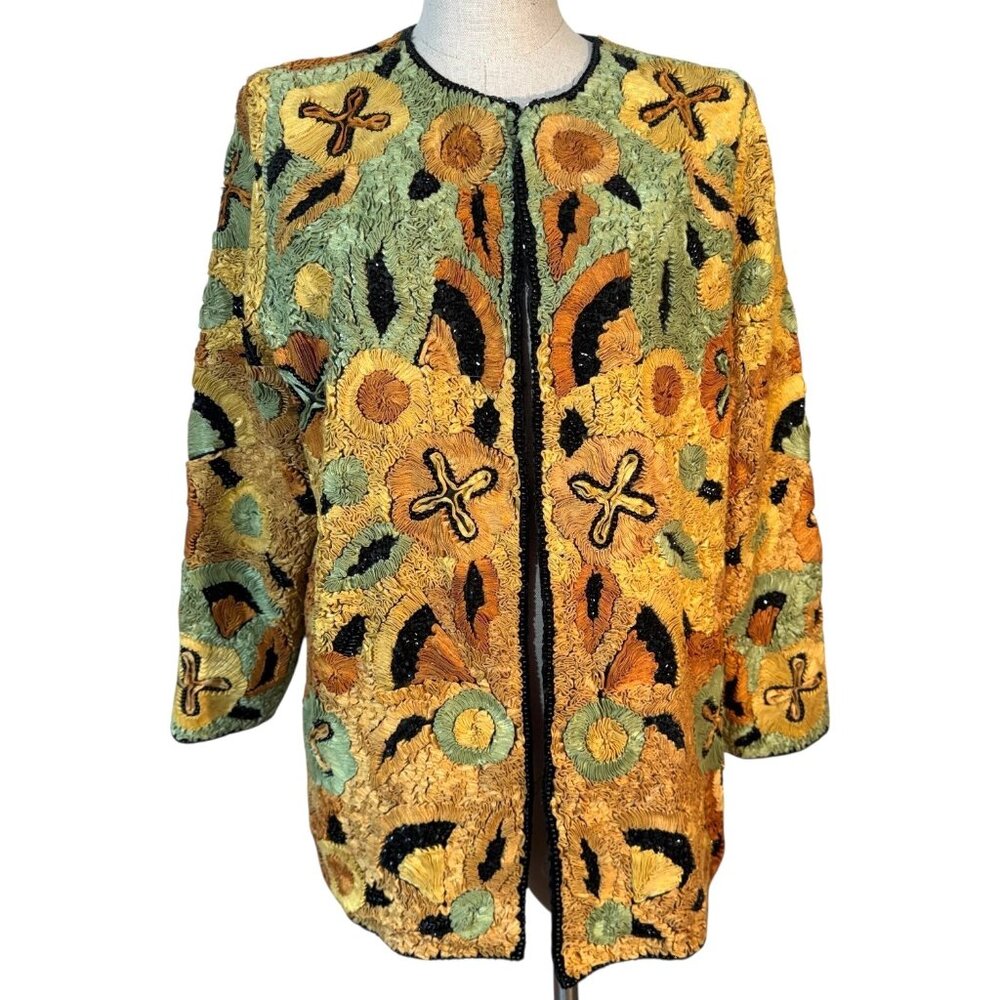 VTG Womens Floral Beaded Jacket Green Orange Black Long Sleeve Ribbon Embroidery